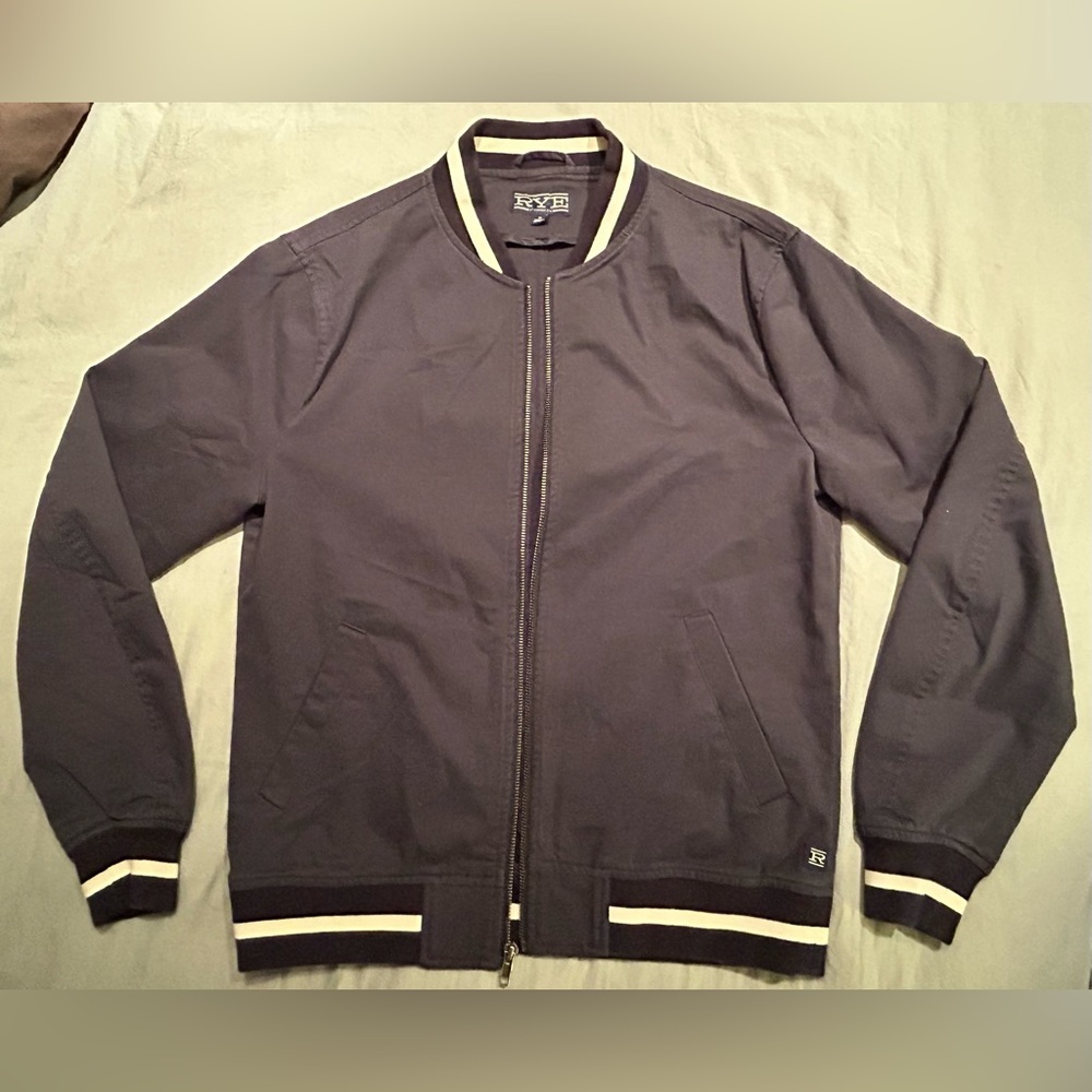 VARSITY BOMBER JACKET Rye by Hawker Rye Cotton Stretch Size S Navy EUC